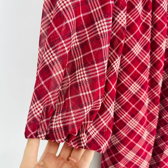 Gal Meets Glam New Red Maroon Plaid Long Puff Sleeve V- Neck Robyn Maxi Dress 2 - Picture 8 of 13